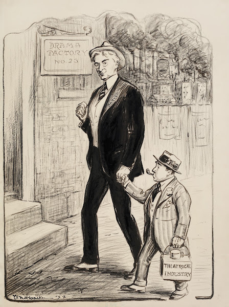 Bernard Baruch leads a small man representing the theatrical industry by the han
