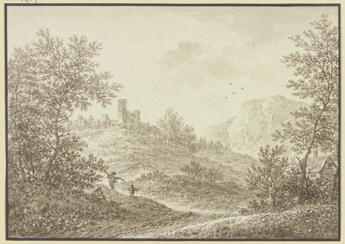 Waldausgang mit Blick auf einen Hügel mit einer Ruine im Vordergrund drei Figure