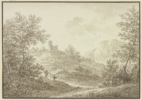 Waldausgang mit Blick auf einen Hügel mit einer Ruine im Vordergrund drei Figure