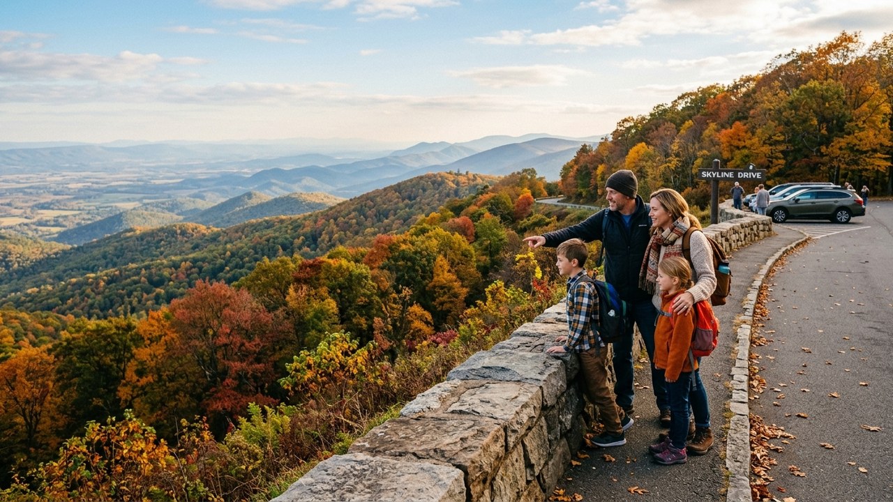 Family at Shenandoah Skyline Drive overlook with Blue Ridge autumn colors