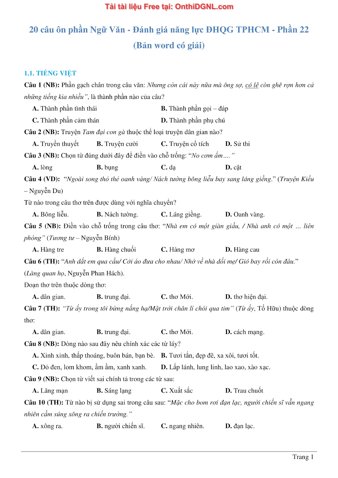 500 bài tập môn Ngữ Văn - Ôn thi ĐGNL ĐHQG TP HCM Phần 22