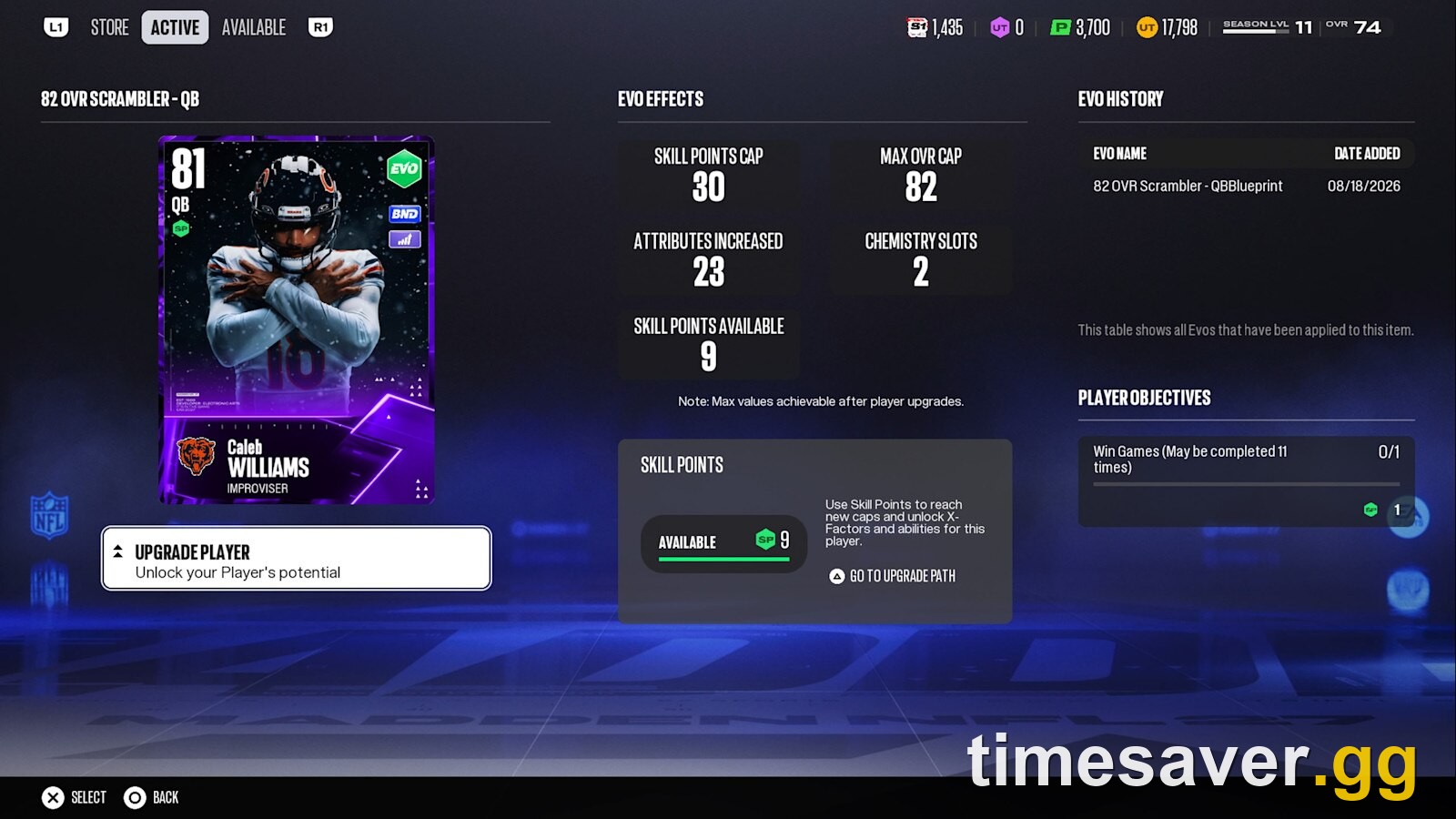 Madden NFL 27 Ultimate Team Evolutions upgrade screen showing an Evo card's skill-point caps, max OVR, and player objective