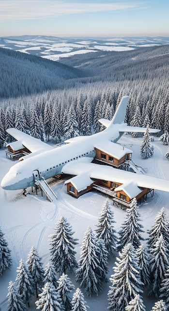 Snow Covered Airplane Hotel in Remote Winter Pine Forest - Free mobile Wallpaper