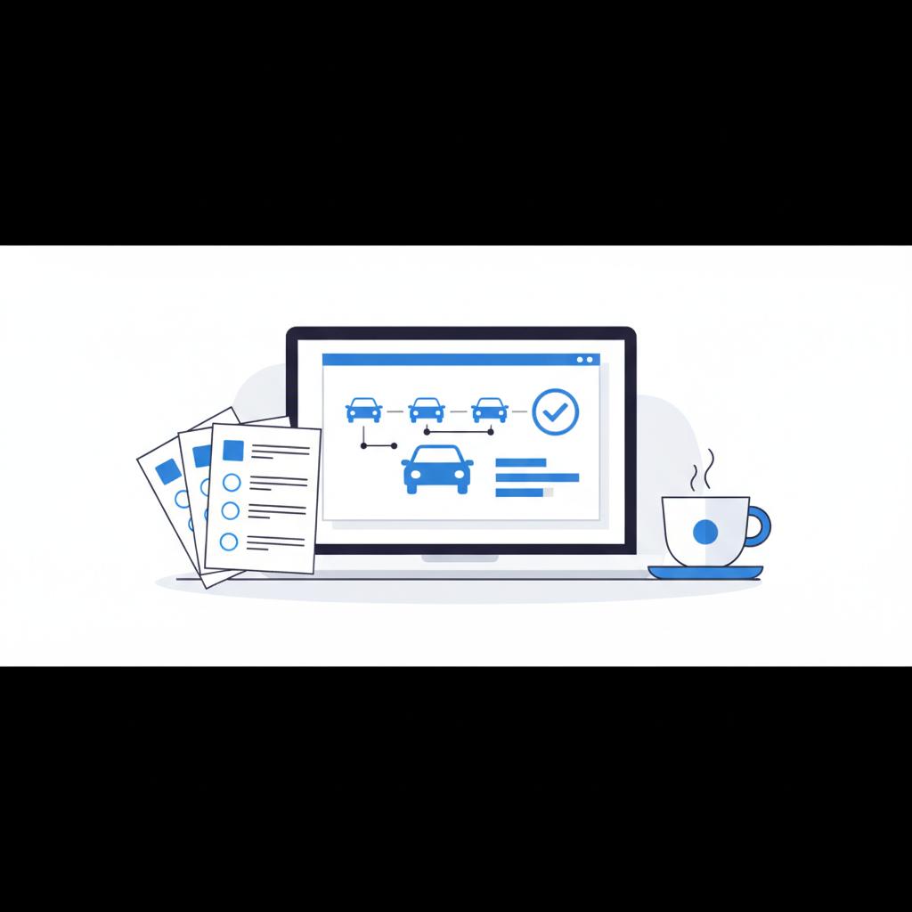 Minimalist 2D vector of a laptop with a graphical vehicle history report and printed service records on a dining table suggesting porsche macan for sale