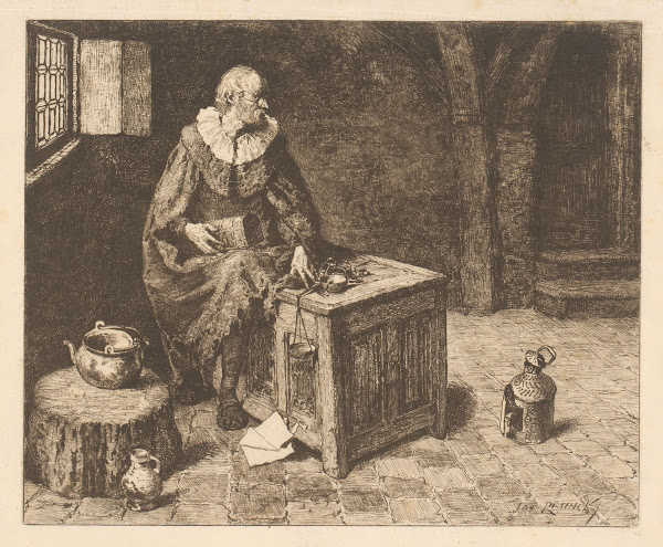 Old man seated on a chest with scales and box
