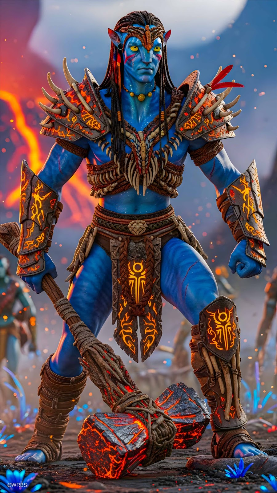 Avatar Blue Na’vi Warrior with Tribal Armor and Battle Hammer