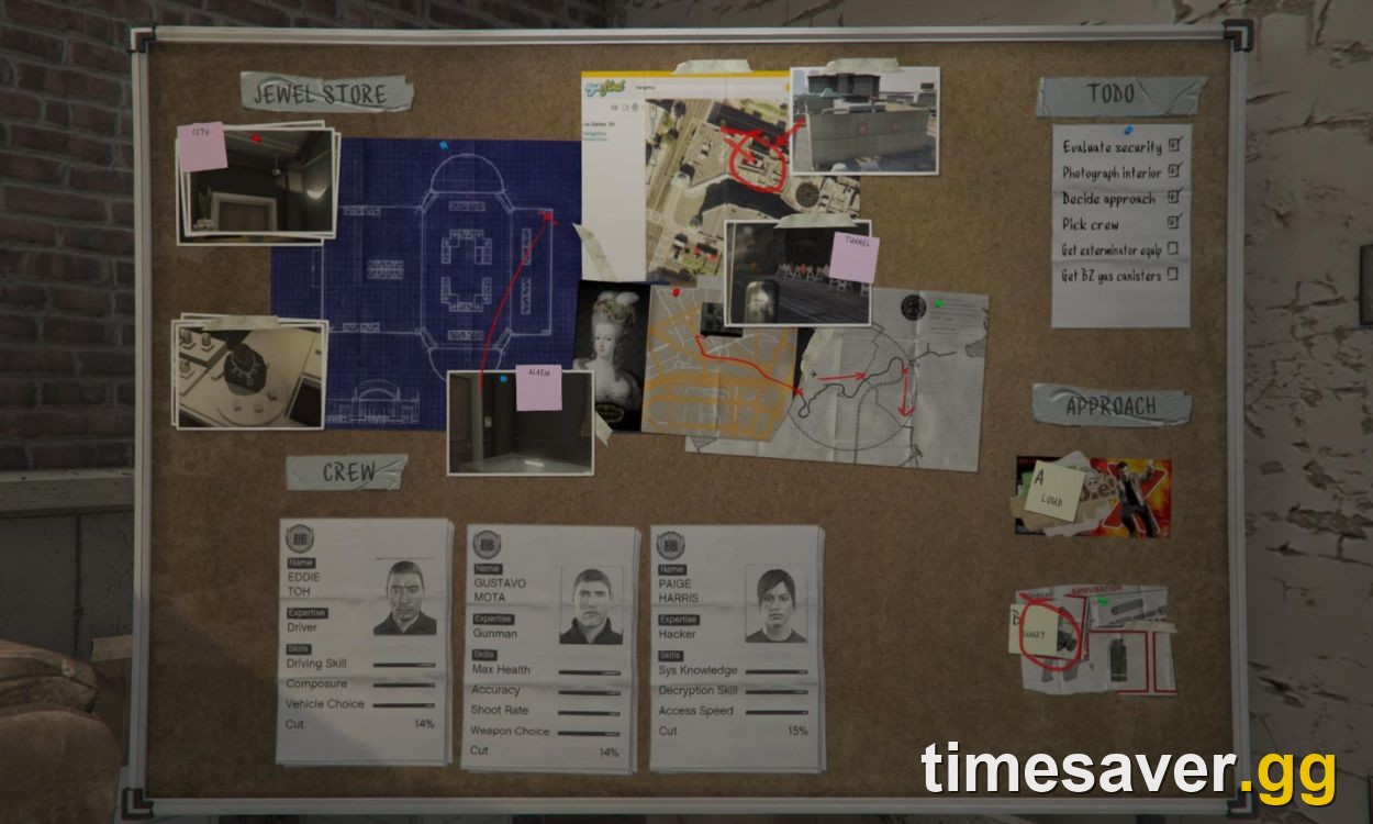 GTA Online heist planning board with crew cards, blueprints and the approach map in the apartment