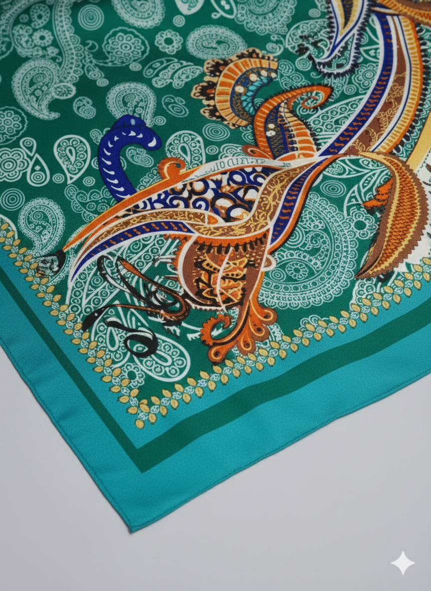 Peacock Silk Pinted Hijab | Satin Scarf