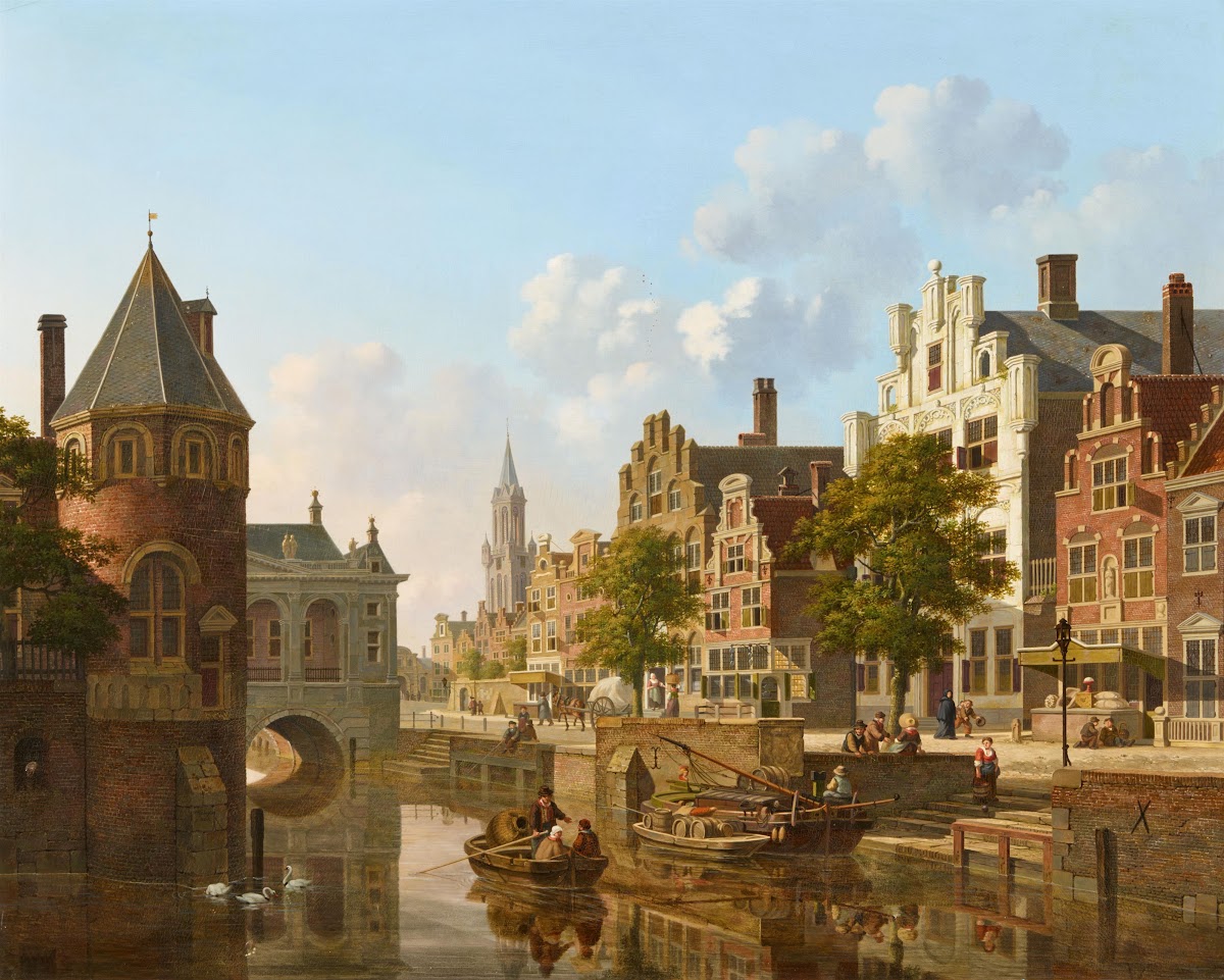 Geschäftiges Treiben auf einem Kanal in einer holländischen Stadt 1820