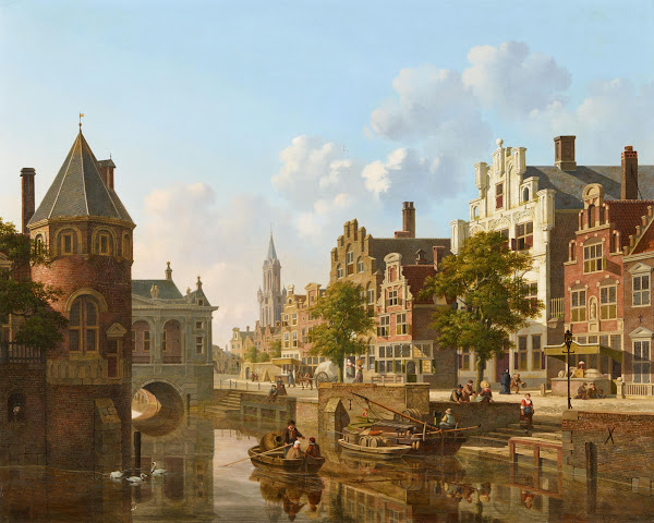 Geschäftiges Treiben auf einem Kanal in einer holländischen Stadt 1820