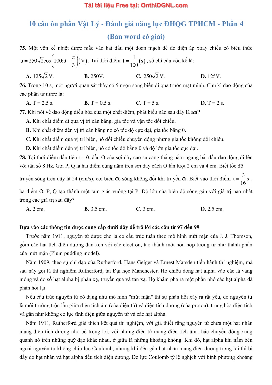300 bài tập môn Vật Lý - Ôn thi ĐGNL ĐHQG TPHCM Phần 4