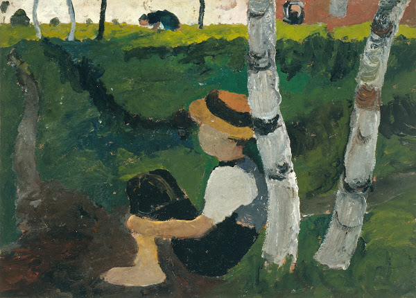 Boy on the way under birch trees 1900