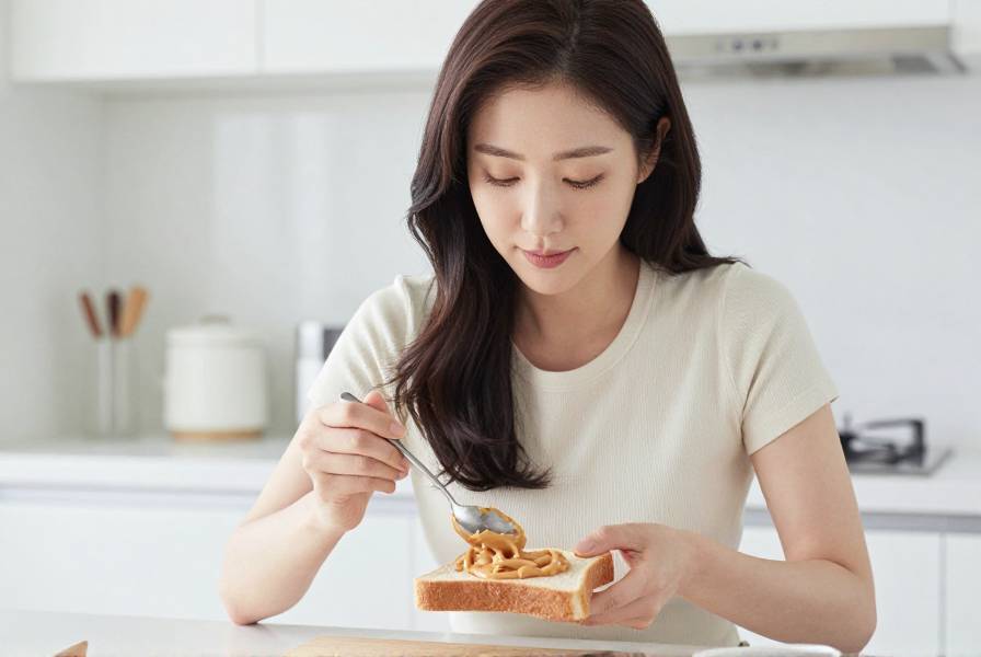 현대적인 주방에서 한국인 여성이 식빵에 땅콩버터를 신중하게 펴 바르며 적정량을 조절하는 모습