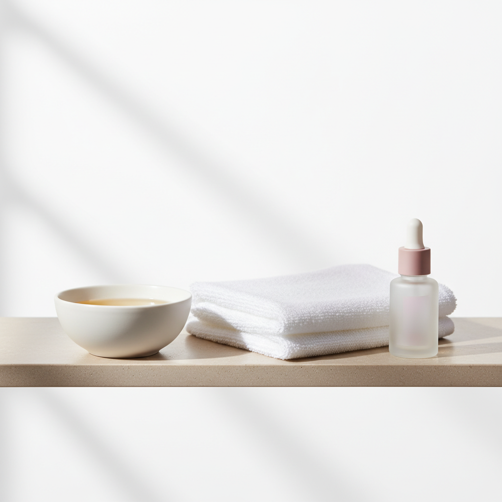Nahaufnahme eines minimalistischen Badregals mit Schale warmem Öl, gefaltetem weißen Handtuch und dezent unlabeled Nagelhautölflasche – Nägel stärken natürlich, sauber, hell, rosé‑beige Töne