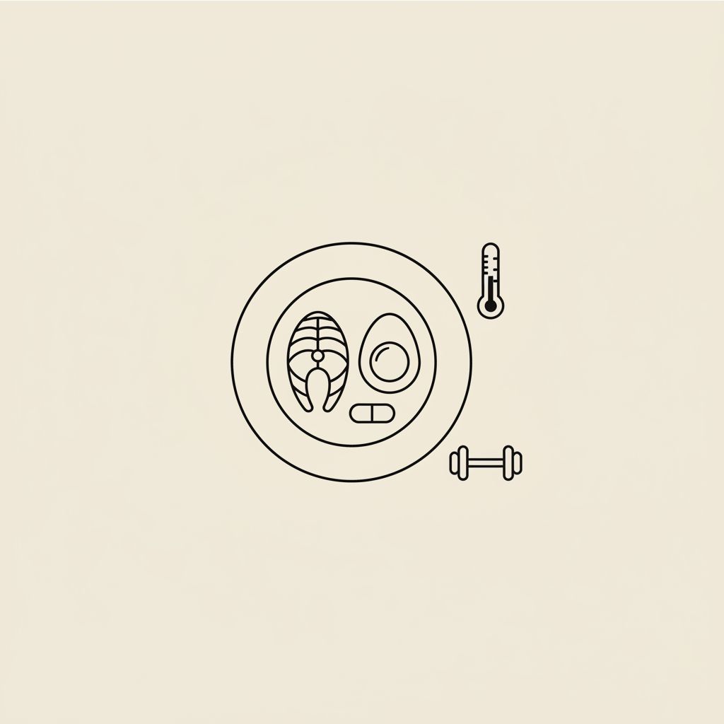 Minimalist Tonum-style line illustration of a plate with fish fillet, egg, capsule, thermometer and dumbbell illustrating how to trigger thermogenesis