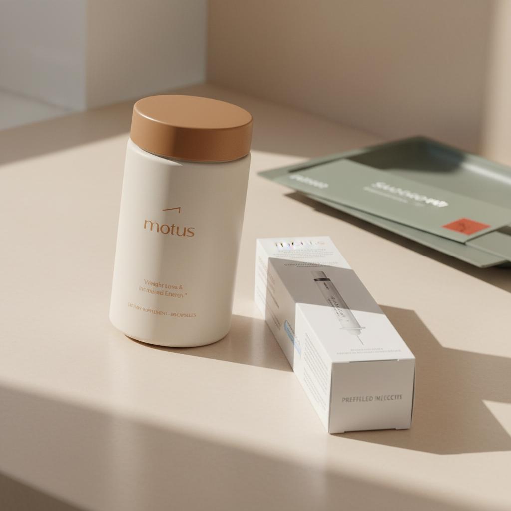 Close-up pharmacy counter with a prefilled injector pen box next to the Tonum Motus supplement container from the reference photo, label details visible in a minimalist scene — Zepbound price