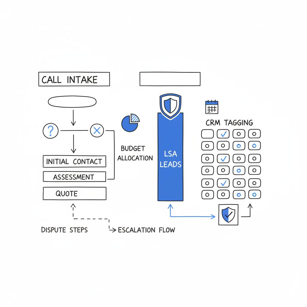 Notebook-style operations sketch of an intake flowchart for roofing calls with a vertical LSA leads column, CRM tagging boxes and arrows showing dispute steps &mdash; Google Local Services Ads roofers