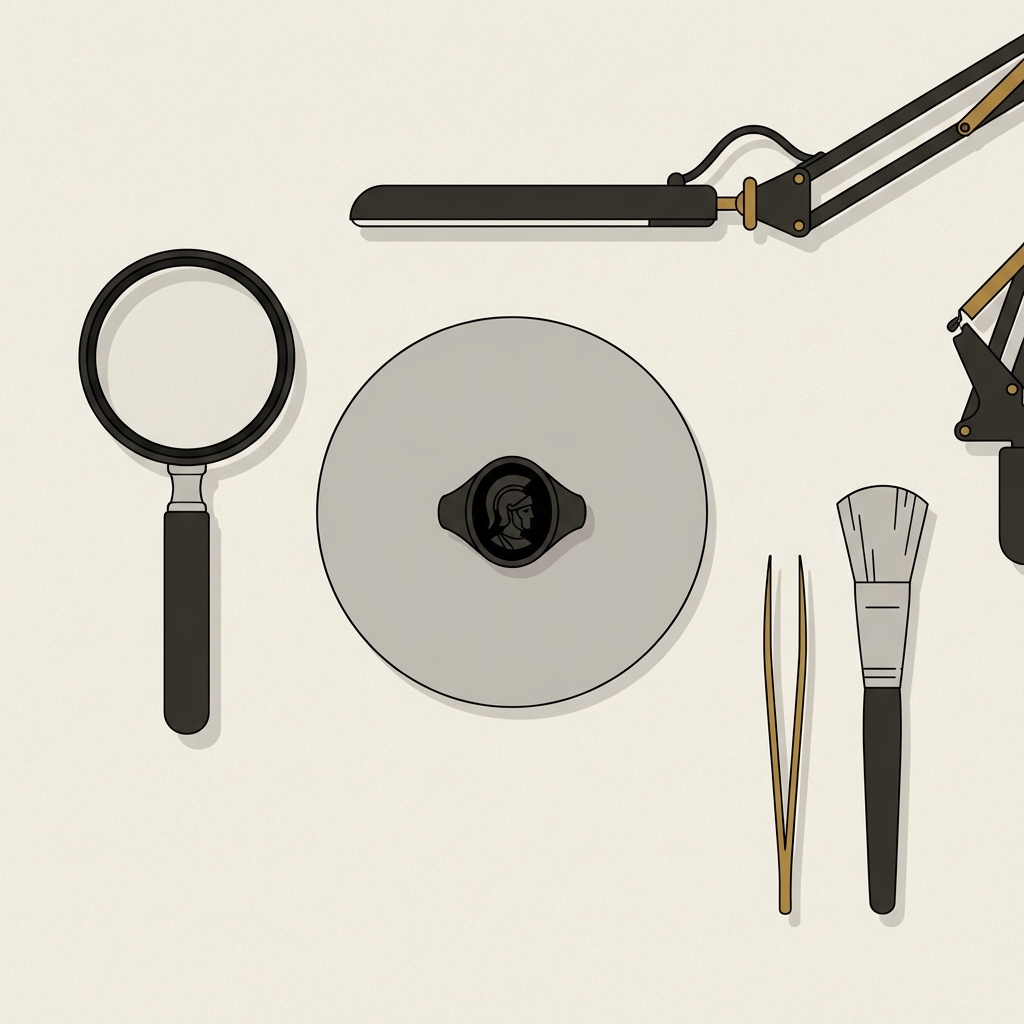 Overhead 2D vector of a collector workspace with a loupe LED lamp and a black onyx roman soldier ring on a neutral conservation pad in Aurora Antiqua palette