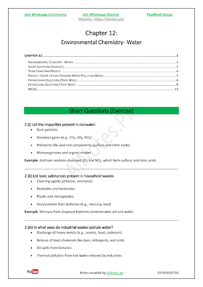 FBISE Class 9 Chapter 12 Environmental Chemistry - Water