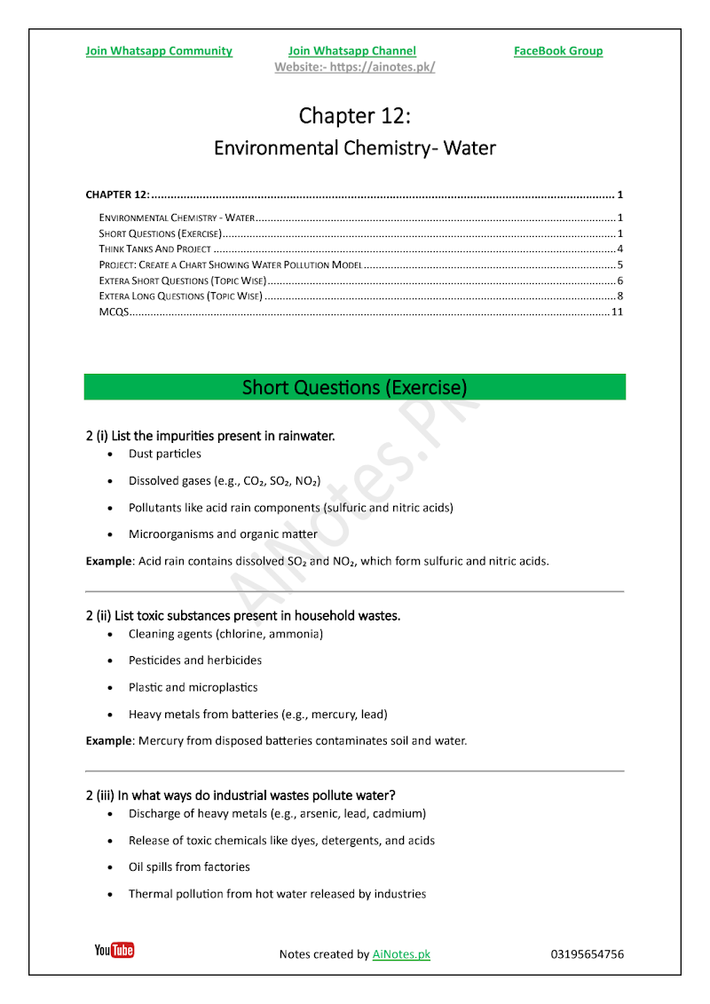 FBISE Class 9 Chapter 12 Environmental Chemistry - Water