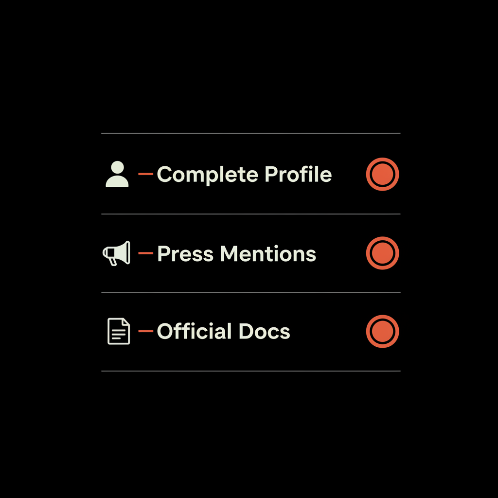 Minimal full-frame infographic checklist on black background listing Complete Profile, Press Mentions, Official Docs with red-orange accents and a blue checkmark on Instagram