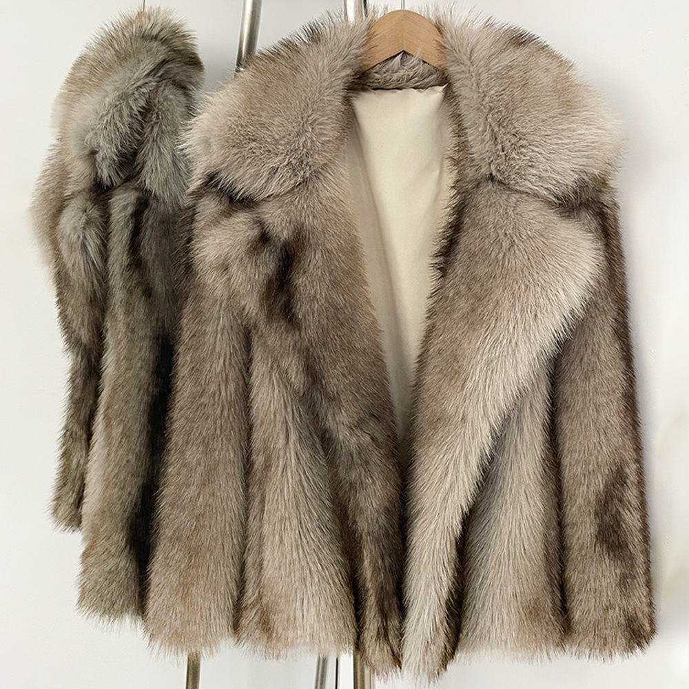 Women's faux fur coat with shawl collar, mid-length