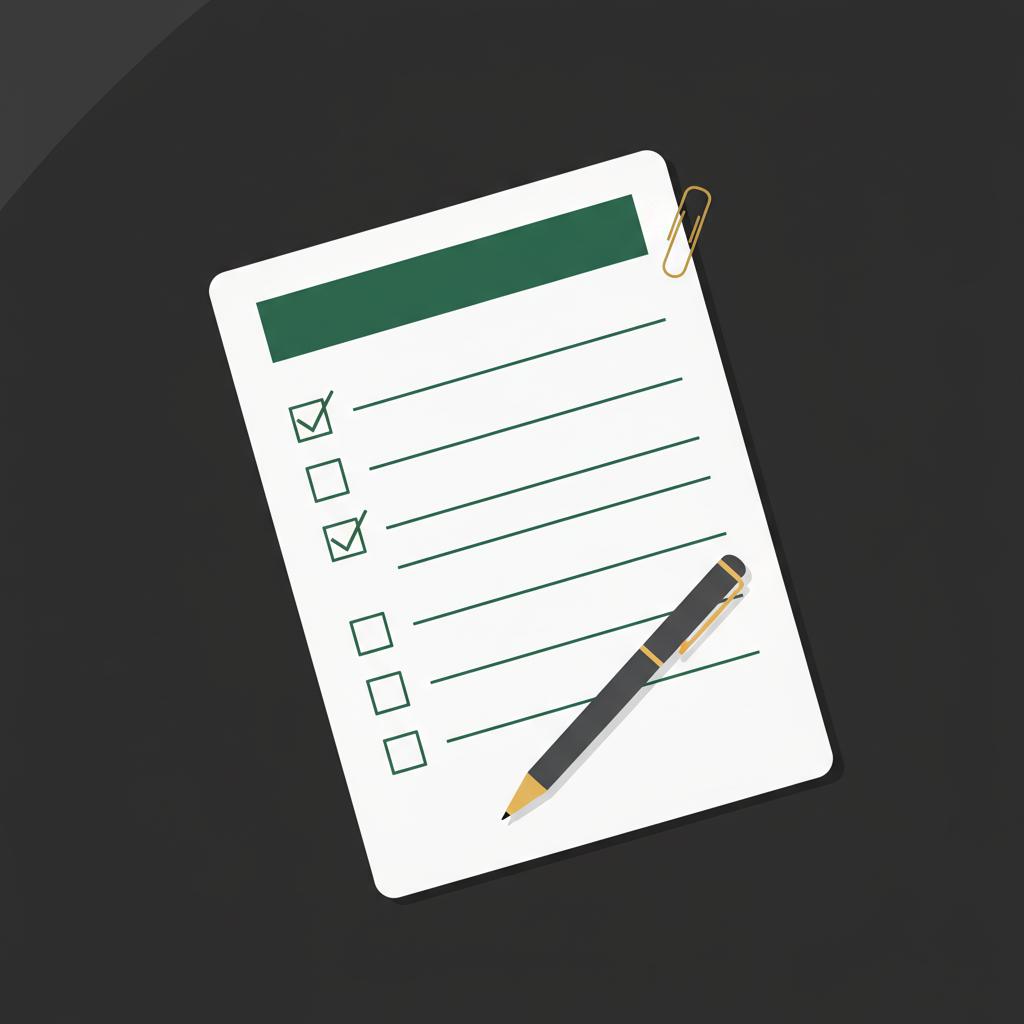 Minimalist 2D vector close up of a one page starter checklist on a dark table with a pen showing layout without text how to make money from the stock market