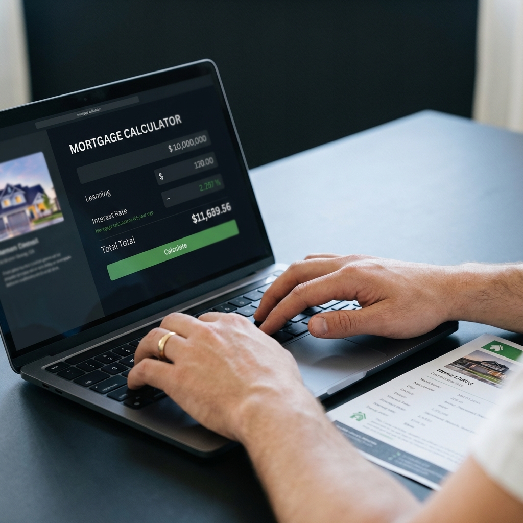Close up of hands using a laptop mortgage calculator next to a printed home listing on a minimalist desk showing how to get started in real estate
