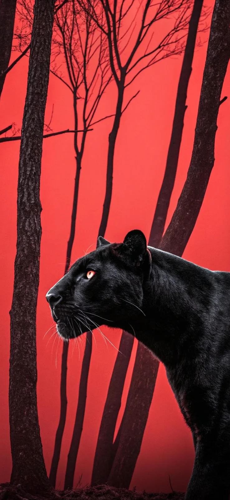 Black Panther In Red Forest - Stylized Wildlife Portrait 4K iPhone Wallpaper (2374x5144)