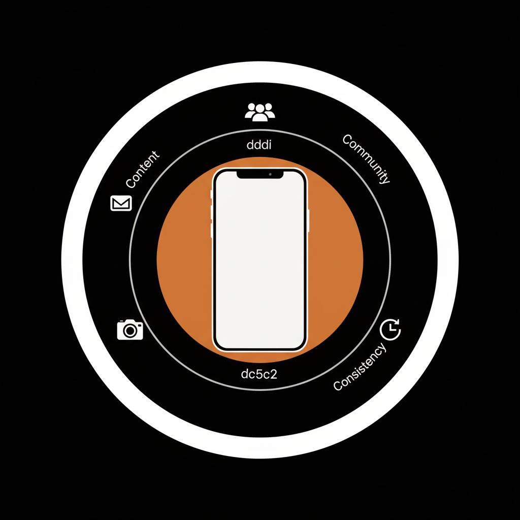 Minimal vector infographic of a centered smartphone with three concentric rings labeled Content, Community, Consistency in brand colors on black background — 3 C's of Instagram