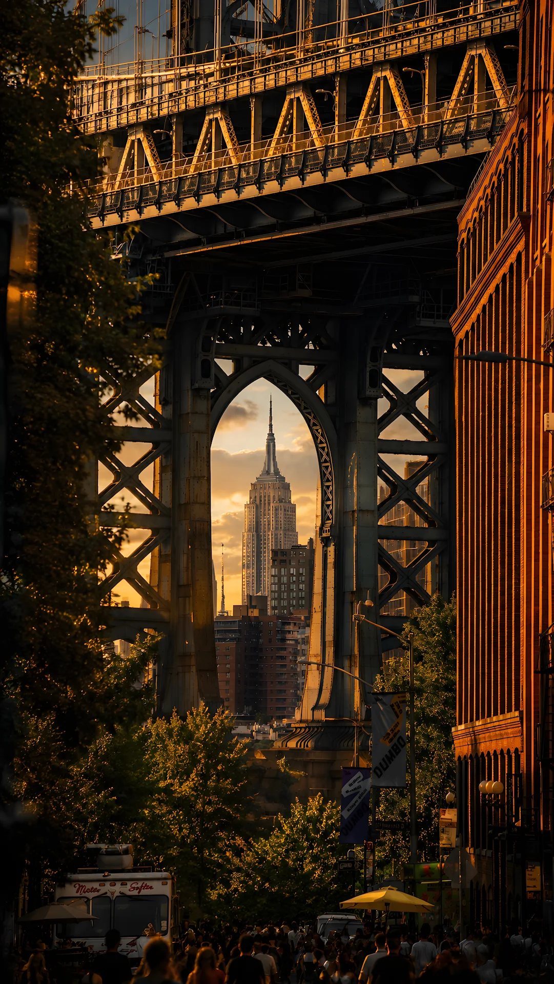 Iconic city arch framing tall skyscraper during warm golden sunset - Free 4K mobile Wallpaper