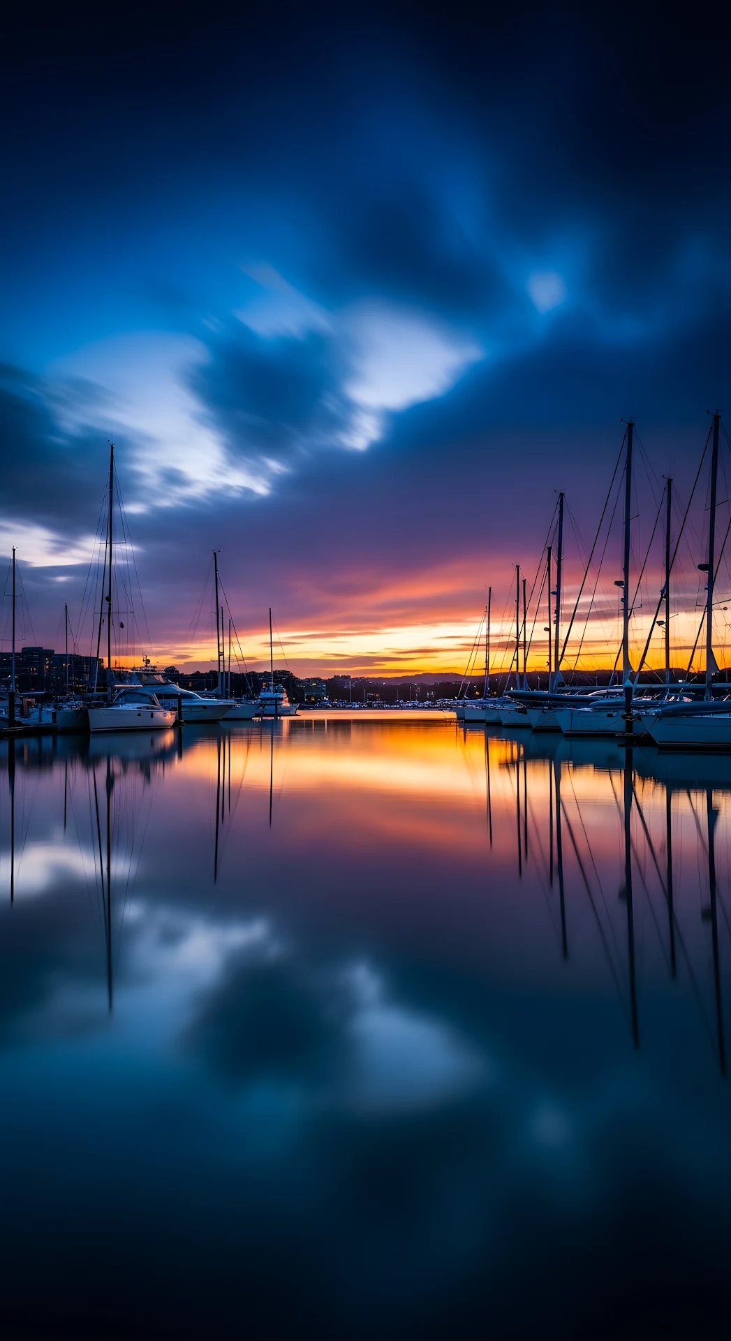 Dramatic Sunset Boats Yacht Harbor City Reflection Long Exposure - Free 4K mobile Wallpaper