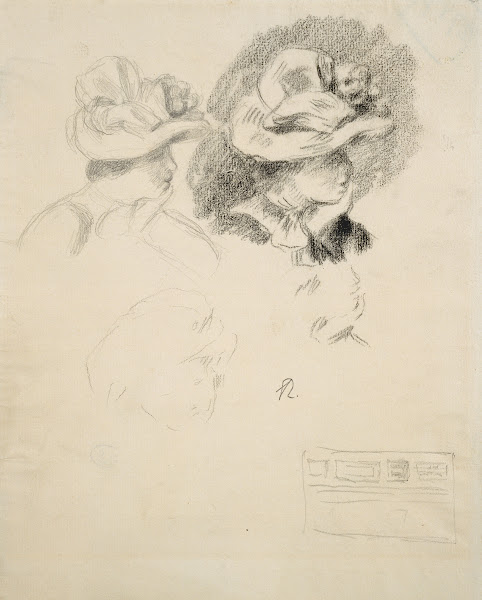 Studienblatt Frau mit Hut und Skizze einer Bilderwand ca 1885  1899