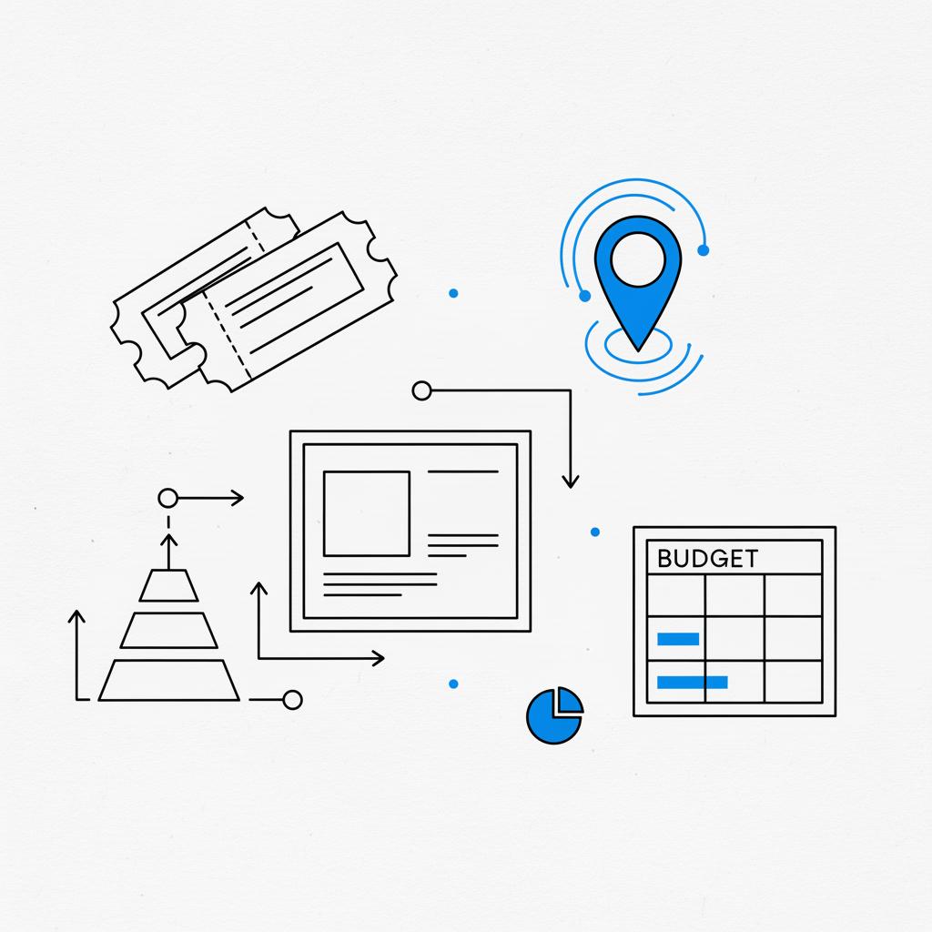 Flat 2D vector flat-lay of tickets, map pin, ad layout sketch and budget table for how to run Facebook ads for events on a minimalist white background