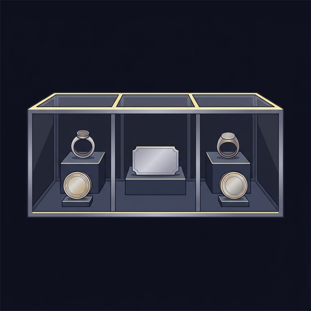 Minimalist 2D vector display case with rings and commemorative items on a dark Funded Plays palette clean neutral tones ample negative space odds of winning nfl