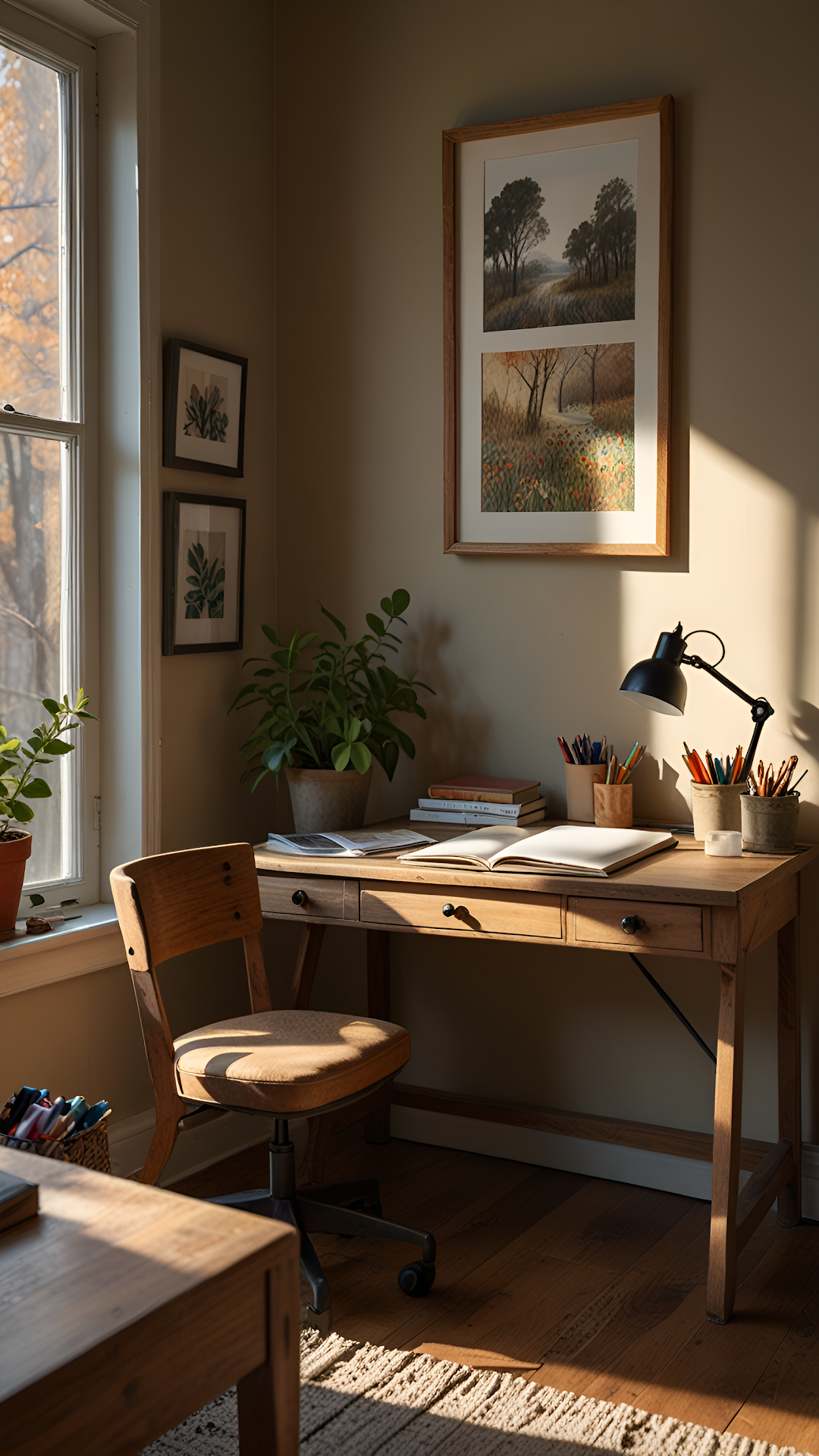 Sunlit Wooden Desk in Cozy Rustic Home Office Corner - Free 4K mobile Wallpaper