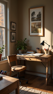 Sunlit Wooden Desk in Cozy Rustic Home Office Corner
