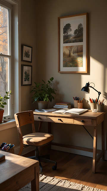 Sunlit Wooden Desk in Cozy Rustic Home Office Corner - Free mobile Wallpaper