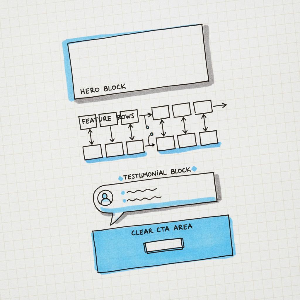 Close-up hand-drawn website content template on white textured paper showing hero block, feature rows, testimonial block and CTA area for 20 page website cost