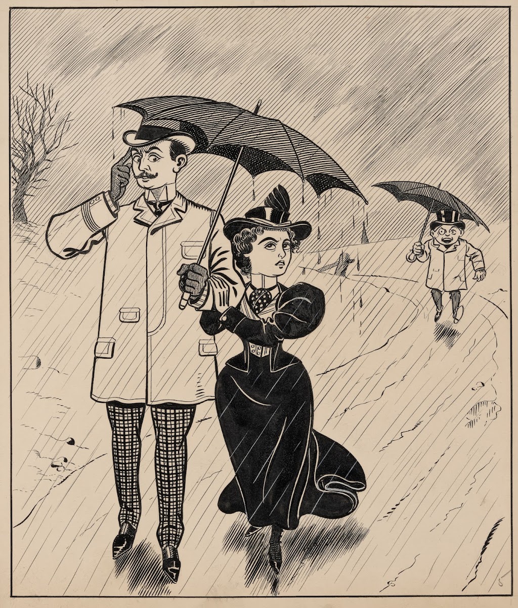 Six comic strip frames of two chivalrous men with woman in rain storm Pl5 1897