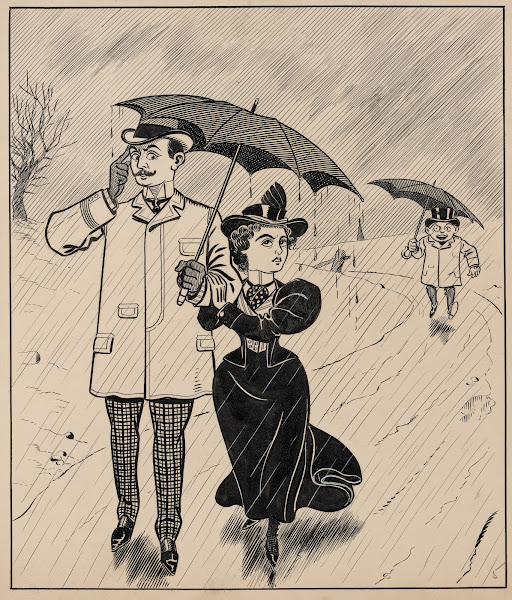 Six comic strip frames of two chivalrous men with woman in rain storm Pl5 1897