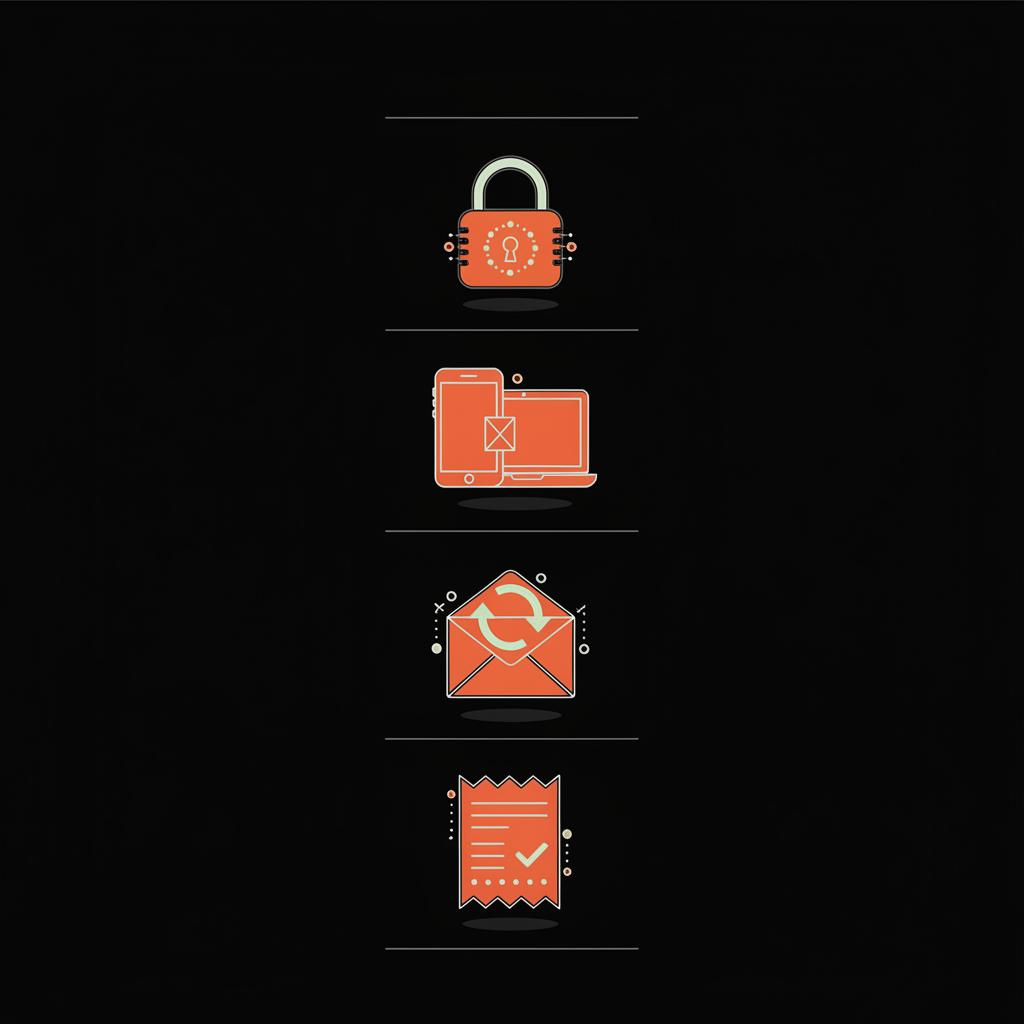 Minimal 2D vector checklist infographic with stacked icons for passwords, devices, recovery email, and receipts on a black background to help recover old Gmail account.