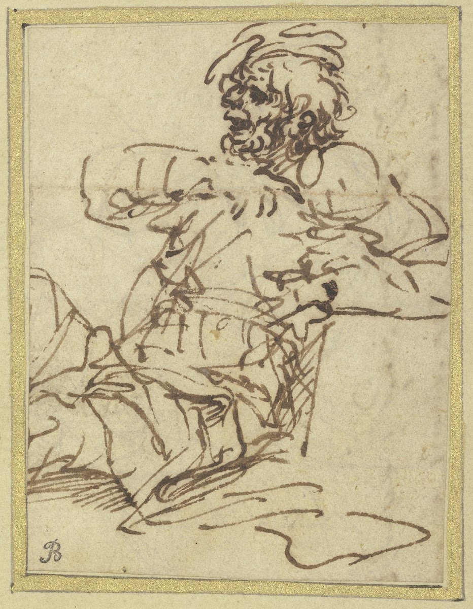A man seated against a block on the right 1660  1669