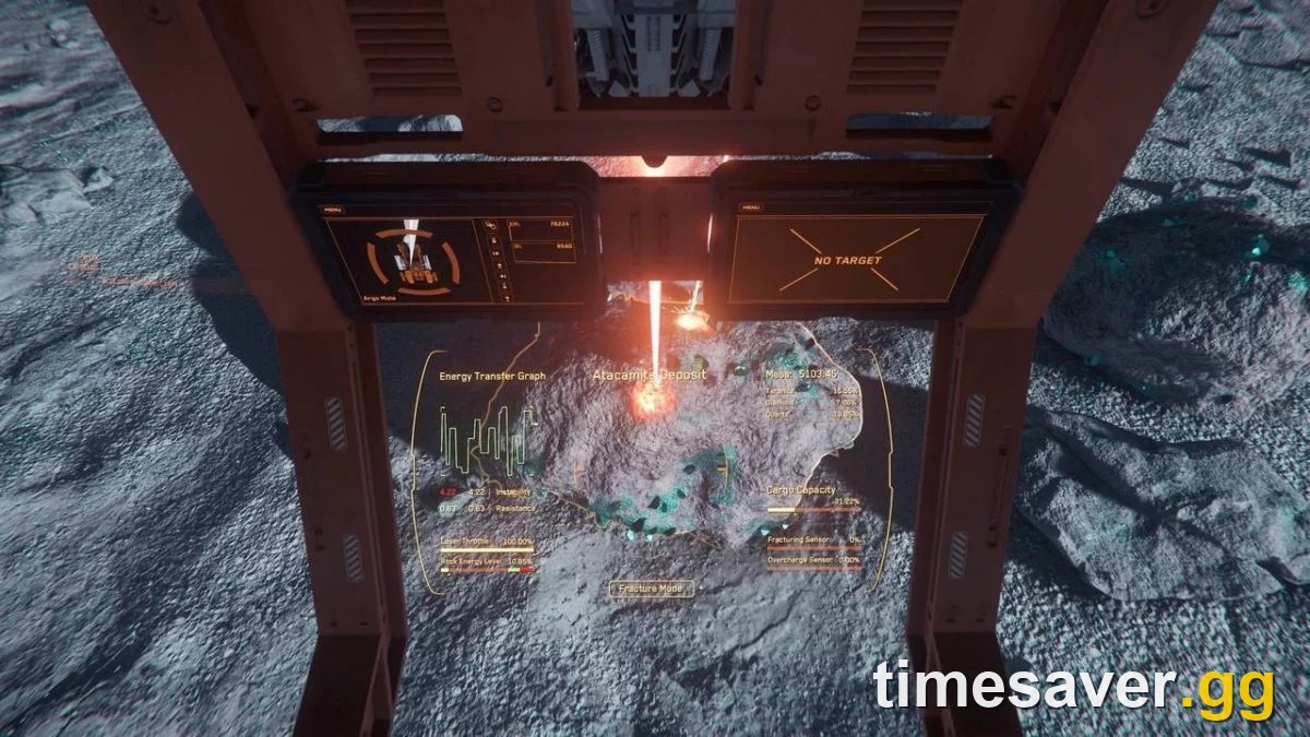 Star Citizen mining laser fracturing a rock deposit, mining turret view in Alpha 4.10.1