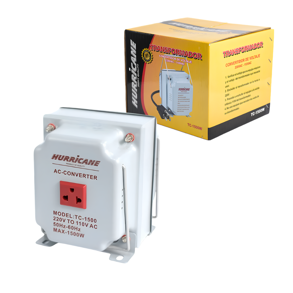 Transformador de Voltaje de 1500W Conversor de 220V AC a 110V AC con Tomacorriente Universal HURRICANE TC-1500