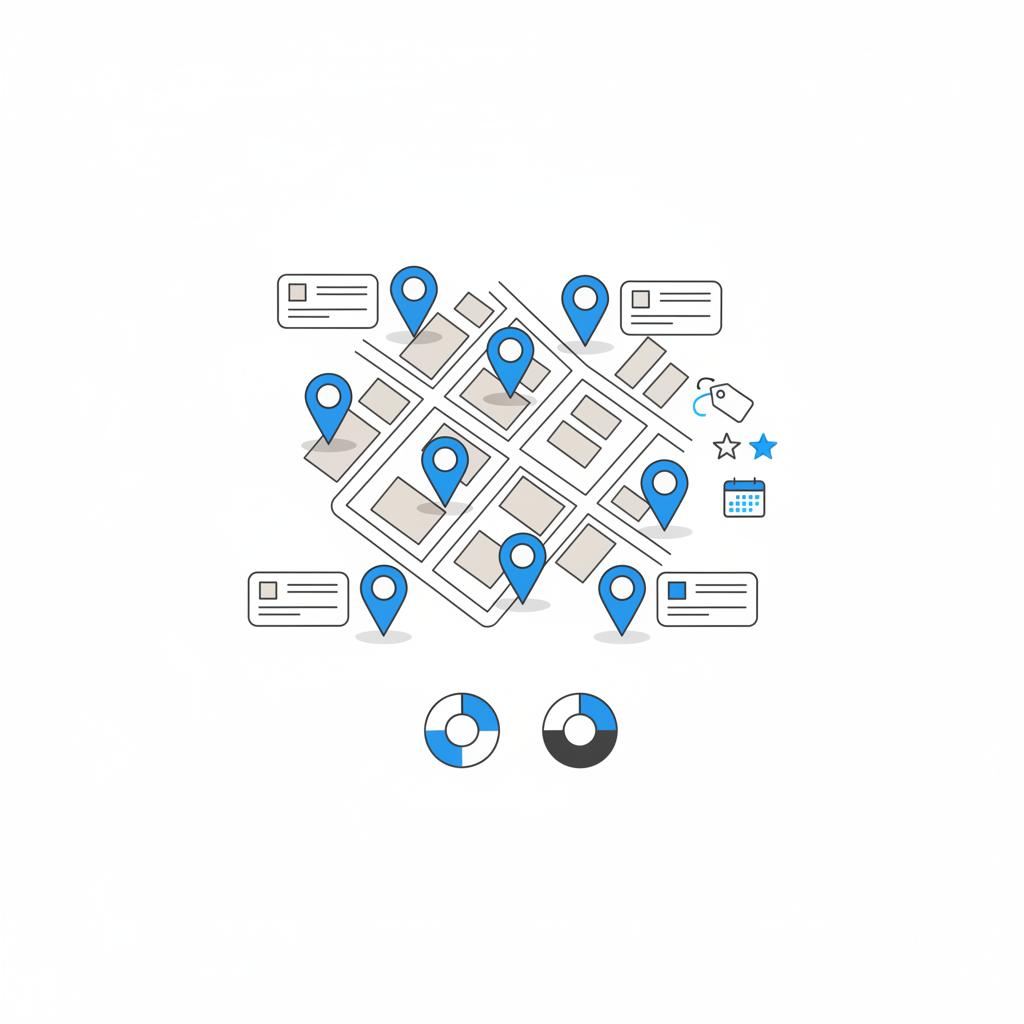 Minimal vector map with location pins, abstract profile thumbnails and small cost indicators illustrating GMB setup cost on a clean white background