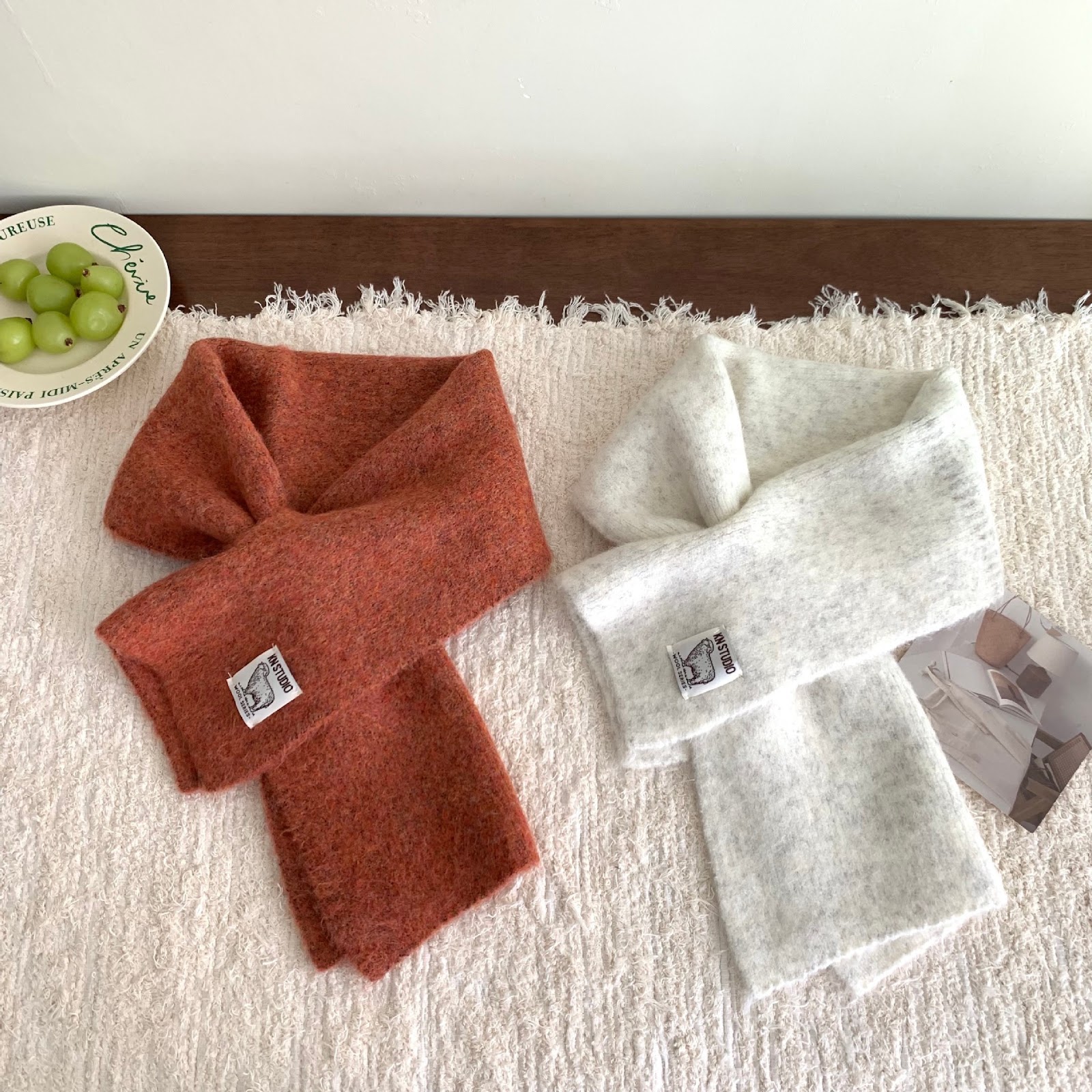 Short knitted scarf with slit, alpaca wool blend