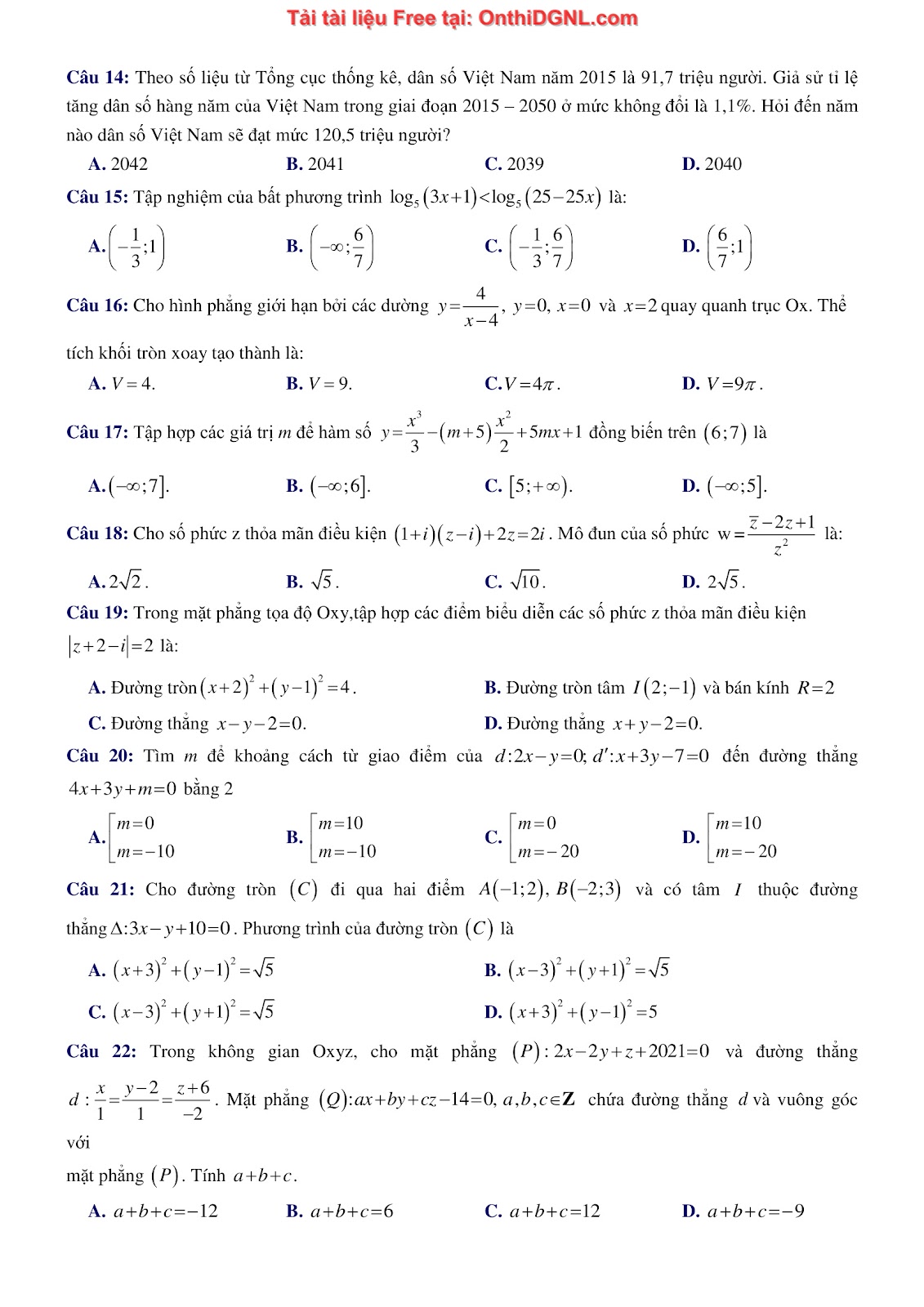1300 bài tập môn Toán - Ôn thi ĐGNL ĐHQG Hà Nội Phần 15