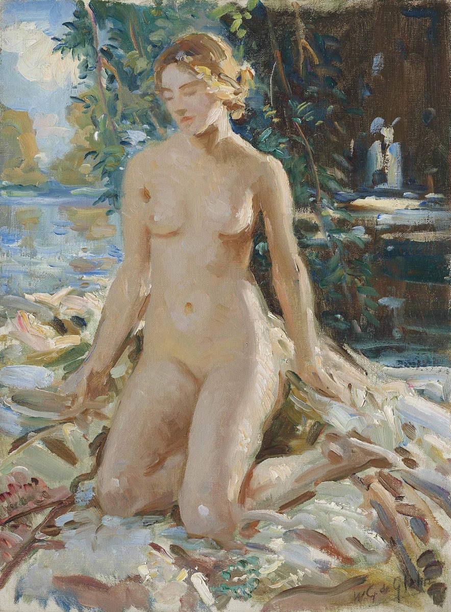 A kneeling female nude in a landscape