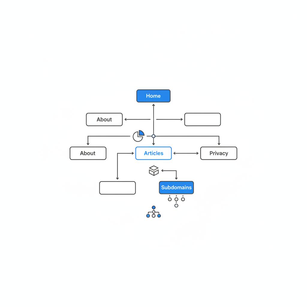 Minimal vector sitemap diagram for adsense eligibility: white background with dark-gray nodes and connecting lines (#39383f) and blue accents (#1a5bfb) highlighting key pages